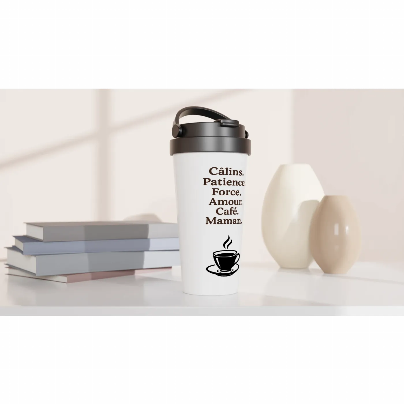 Mug Isotherme "Câlins. Patience. Café. Maman."